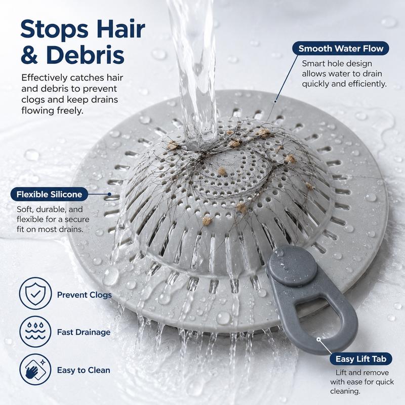 Hair Catcher Silicone Drain Hair Catcher, Flexible Shower Drain Cover Strainer with Easy Lift Handle, Hair & Debris Catcher for Bathtub, Bathroom Sink, Shower and Utility Sink, Gray