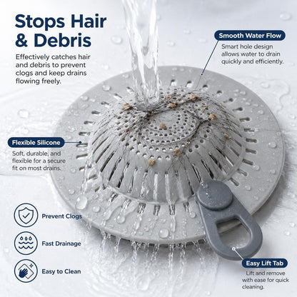 Hair Catcher Silicone Drain Hair Catcher, Flexible Shower Drain Cover Strainer with Easy Lift Handle, Hair & Debris Catcher for Bathtub, Bathroom Sink, Shower and Utility Sink, Gray