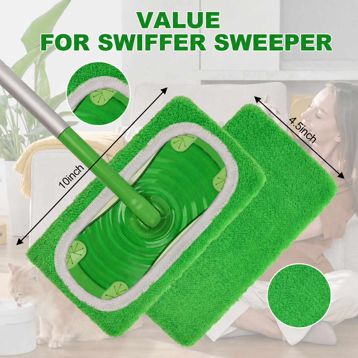 Microfiber Mop Pads Compatible with Swiffer Sweeper Mop Wet and Dry Flat mop Cover Replacement Reusable Sweeping pad Refills Handle Not Include
