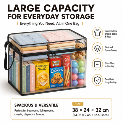 📦【Summervibes】Large Clear Thick Plastic Storage Box with Hinged Lid, Heavy-Duty Durable High Capacity Organizer, Perfect for Home, Camping, Travel, Attic and Moving