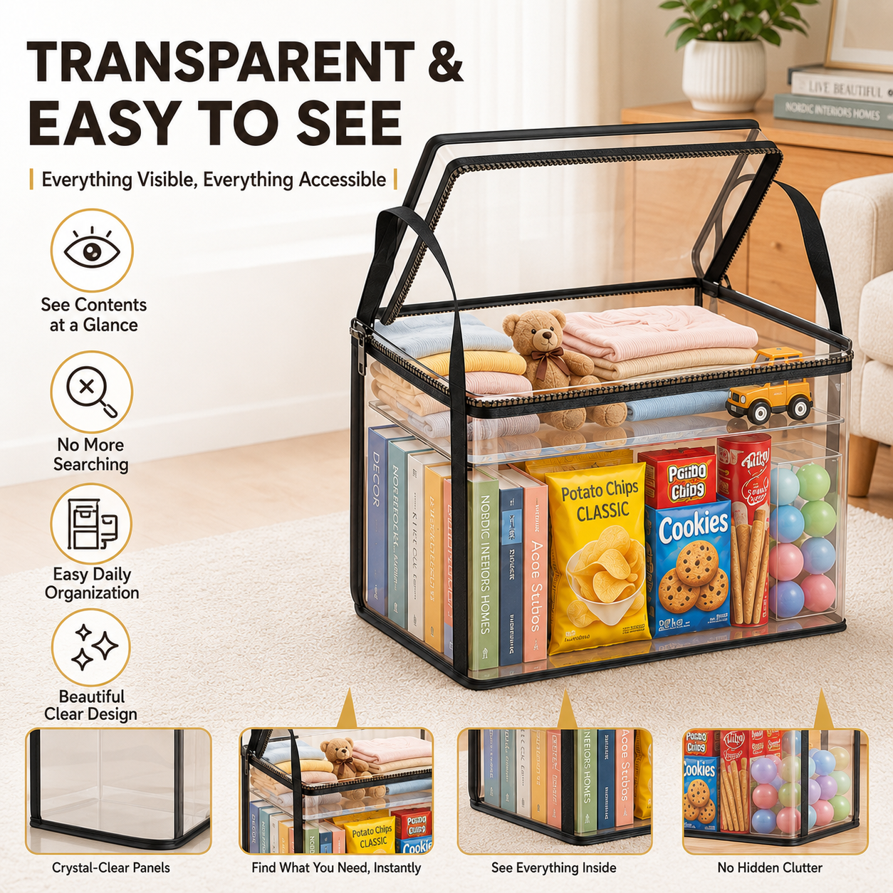 📦【Summervibes】Large Clear Thick Plastic Storage Box with Hinged Lid, Heavy-Duty Durable High Capacity Organizer, Perfect for Home, Camping, Travel, Attic and Moving