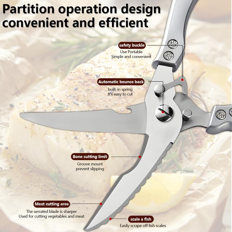 Professional Heavy-Duty Kitchen Shears with Slip Handle & Safety Lock, Stainless Steel, Dishwasher Safe, Meat Cutting, Turkey, Fish, Vegetables, Ergonomic Grip, Home Kitchenware