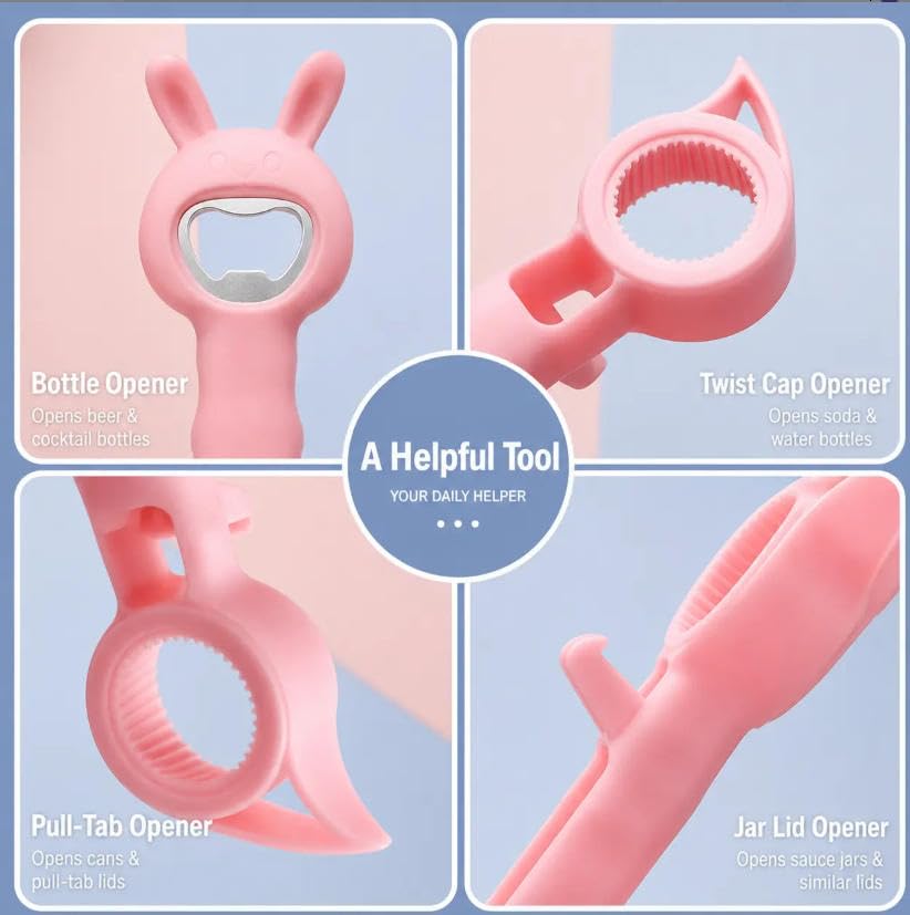4‑in‑1 Multi‑Function Bottle & Jar Opener, Bunny‑Shaped Kitchen Gadget, Easy‑Grip Tool for Tight Jar, Bottle, Twist‑Cap and Pull‑Tab Cans (blue)