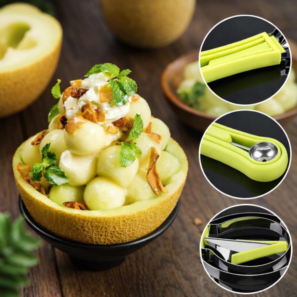 4-in-1 Fruit Baller Set, Stainless Steel Melon Scoop with Green Handle, Watermelon Carving Tool for Kitchen, Professional Fruit Scooper for Cantaloupe and Dragon Fruit Brand: Usoyuso