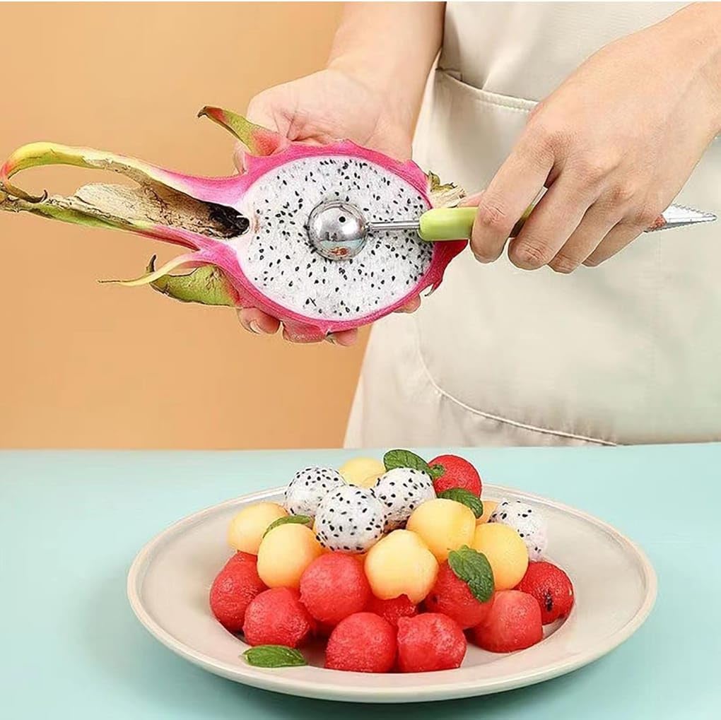 4-in-1 Fruit Baller Set, Stainless Steel Melon Scoop with Green Handle, Watermelon Carving Tool for Kitchen, Professional Fruit Scooper for Cantaloupe and Dragon Fruit Brand: Usoyuso