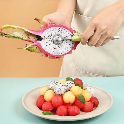 4-in-1 Fruit Baller Set, Stainless Steel Melon Scoop with Green Handle, Watermelon Carving Tool for Kitchen, Professional Fruit Scooper for Cantaloupe and Dragon Fruit Brand: Usoyuso