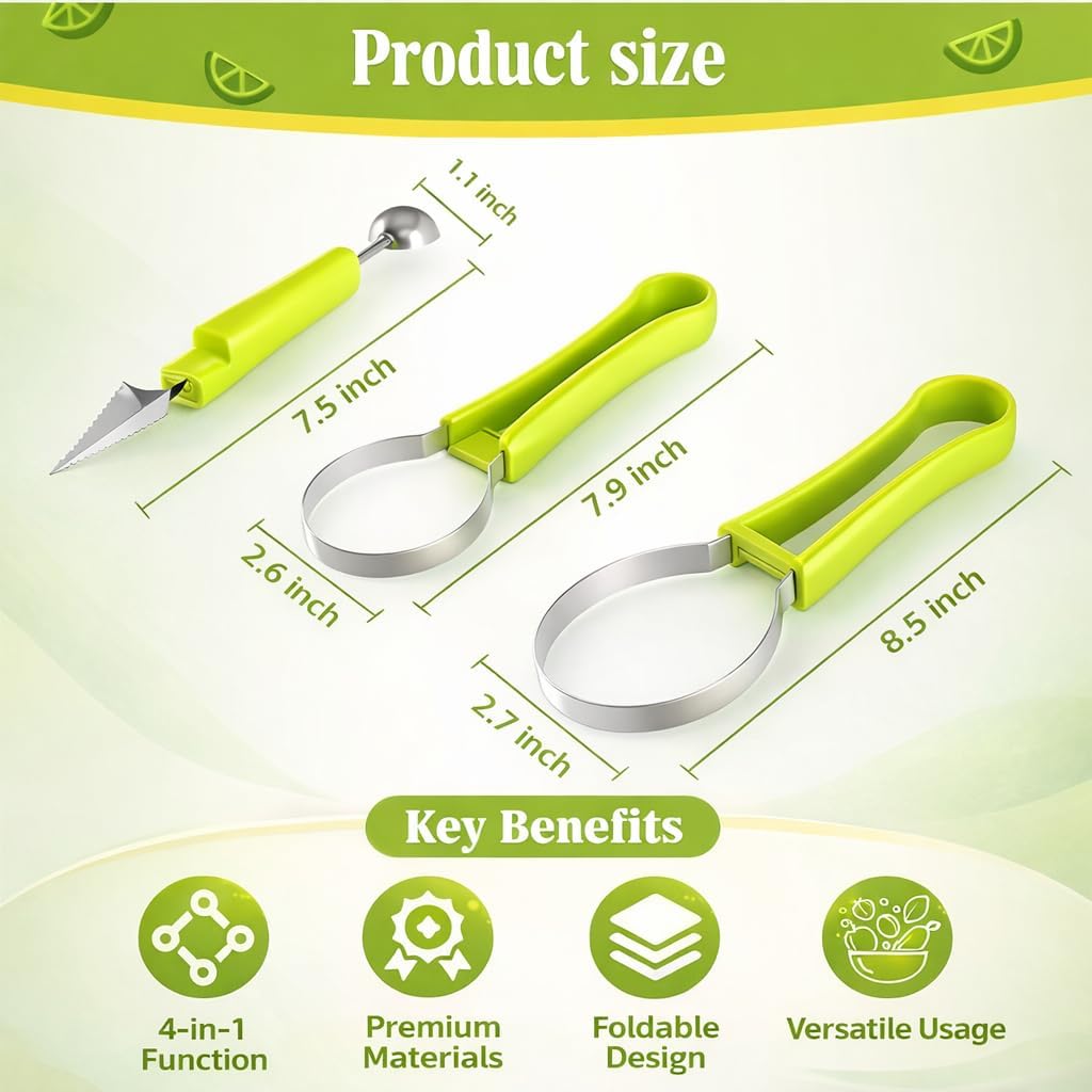 4-in-1 Fruit Baller Set, Stainless Steel Melon Scoop with Green Handle, Watermelon Carving Tool for Kitchen, Professional Fruit Scooper for Cantaloupe and Dragon Fruit Brand: Usoyuso