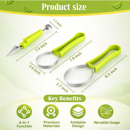 4-in-1 Fruit Baller Set, Stainless Steel Melon Scoop with Green Handle, Watermelon Carving Tool for Kitchen, Professional Fruit Scooper for Cantaloupe and Dragon Fruit Brand: Usoyuso