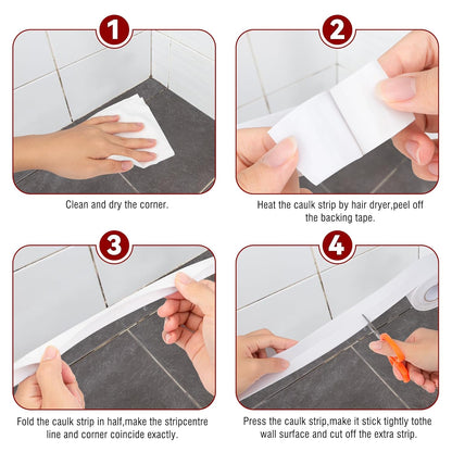 White Waterproof Caulk Tape 3.2m Self-Adhesive Sealing Tape for Bathroom Kitchen Sink Toilet Tub Edges Easy Application & Durability