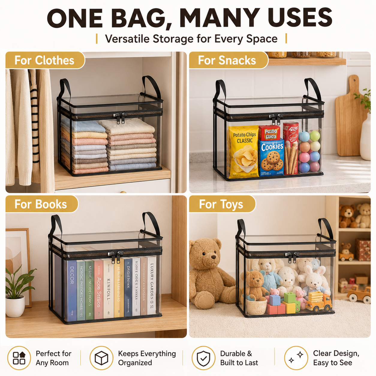 📦【Summervibes】Large Clear Thick Plastic Storage Box with Hinged Lid, Heavy-Duty Durable High Capacity Organizer, Perfect for Home, Camping, Travel, Attic and Moving