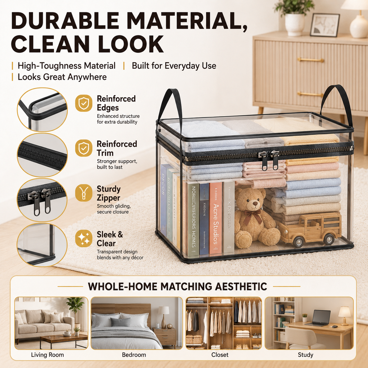 📦【Summervibes】Large Clear Thick Plastic Storage Box with Hinged Lid, Heavy-Duty Durable High Capacity Organizer, Perfect for Home, Camping, Travel, Attic and Moving