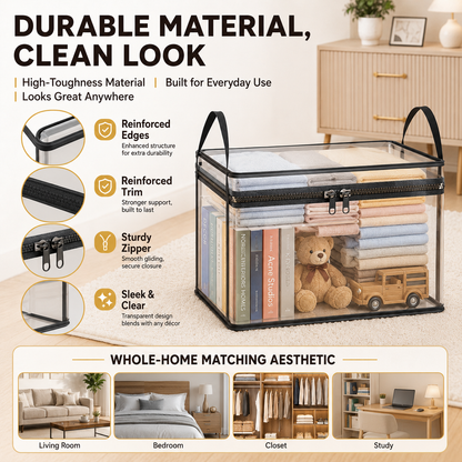 📦【Summervibes】Large Clear Thick Plastic Storage Box with Hinged Lid, Heavy-Duty Durable High Capacity Organizer, Perfect for Home, Camping, Travel, Attic and Moving