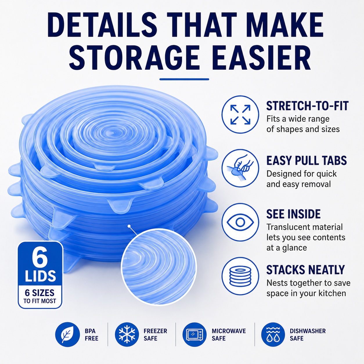 [DealsForYouDays] Universal Reusable Silicone Lids – 6-Pack Self-Sealing Food Covers for Various Container Sizes