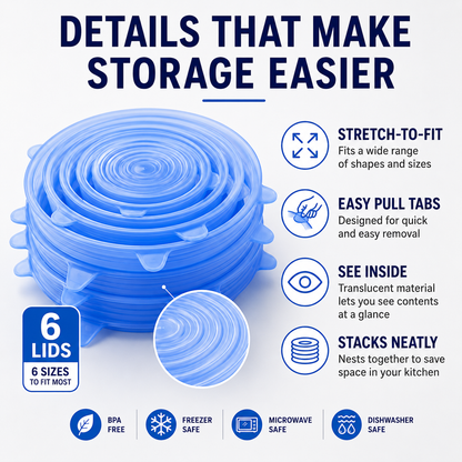 [DealsForYouDays] Universal Reusable Silicone Lids – 6-Pack Self-Sealing Food Covers for Various Container Sizes