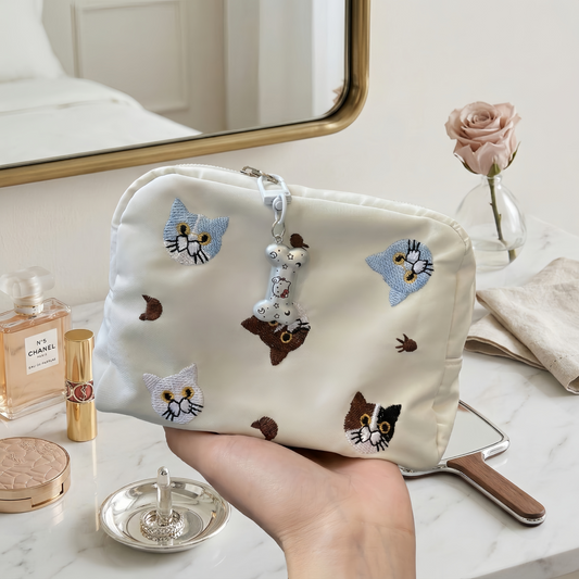 Whimsical Cat Embroidery Cosmetic Pouch