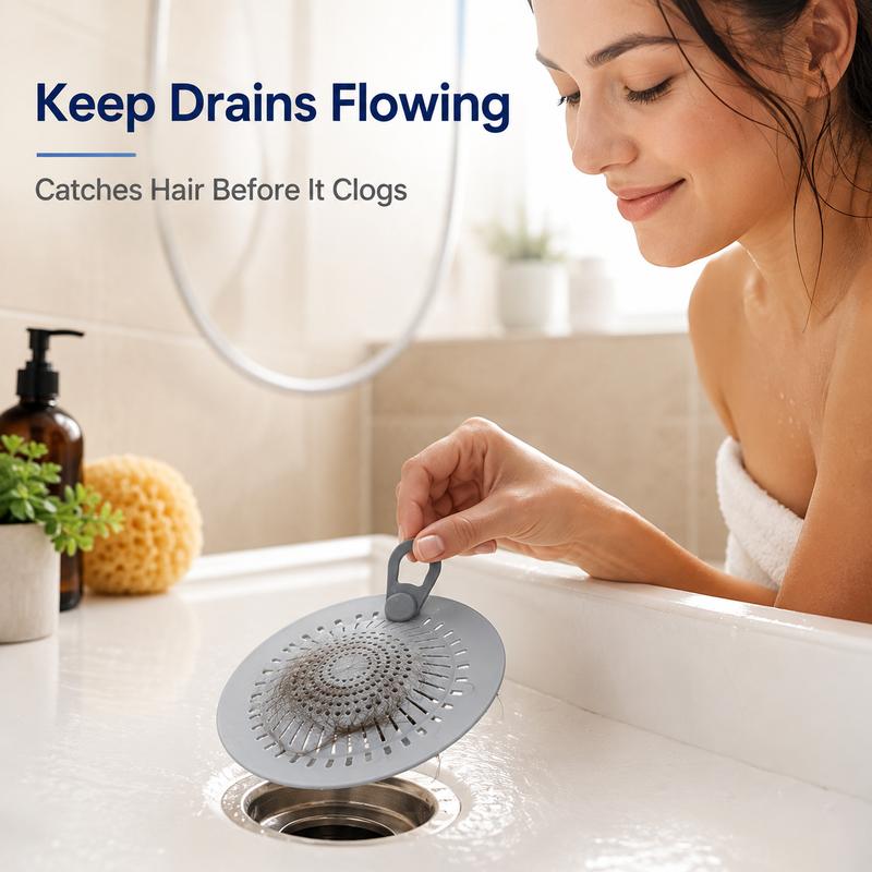 Hair Catcher Silicone Drain Hair Catcher, Flexible Shower Drain Cover Strainer with Easy Lift Handle, Hair & Debris Catcher for Bathtub, Bathroom Sink, Shower and Utility Sink, Gray