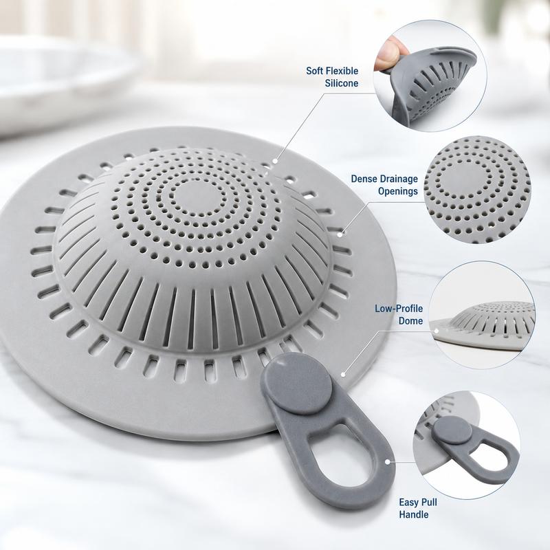 Hair Catcher Silicone Drain Hair Catcher, Flexible Shower Drain Cover Strainer with Easy Lift Handle, Hair & Debris Catcher for Bathtub, Bathroom Sink, Shower and Utility Sink, Gray