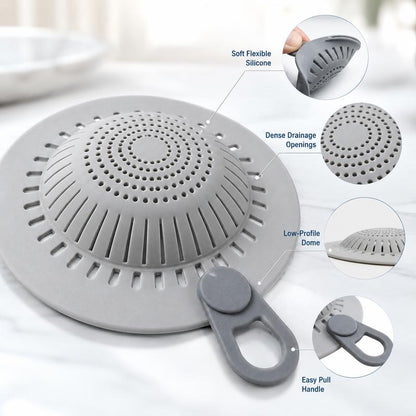 Hair Catcher Silicone Drain Hair Catcher, Flexible Shower Drain Cover Strainer with Easy Lift Handle, Hair & Debris Catcher for Bathtub, Bathroom Sink, Shower and Utility Sink, Gray